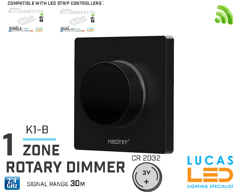 LED Rotary Panel Switch • CCT & Single LED Strip • Dimmer • MiBoxer • 1 zone • 2.4G • Wireless • Smart Lighting System • K1-B • Black edition