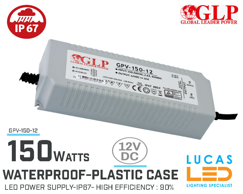 LED Driver Power Supply • 12V • 150 watts • IP67 • Waterproof • Plastic case • High Quality • GLP-GPV • non-PFC •