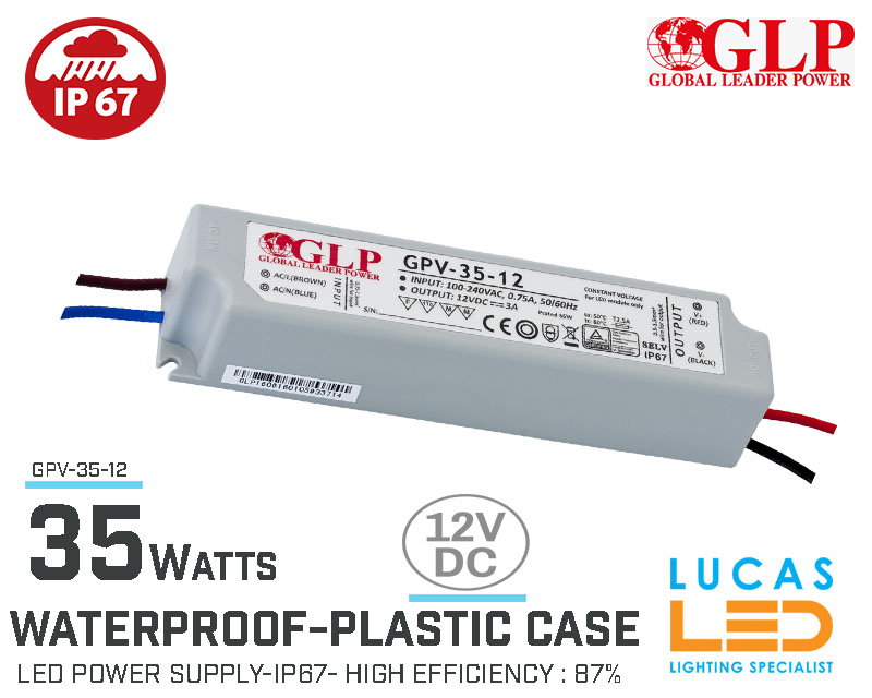 LED Driver Power Supply • 12V • 35 watts • IP67 • Waterproof • Plastic case • High Quality • GLP-GPV • non-PFC •