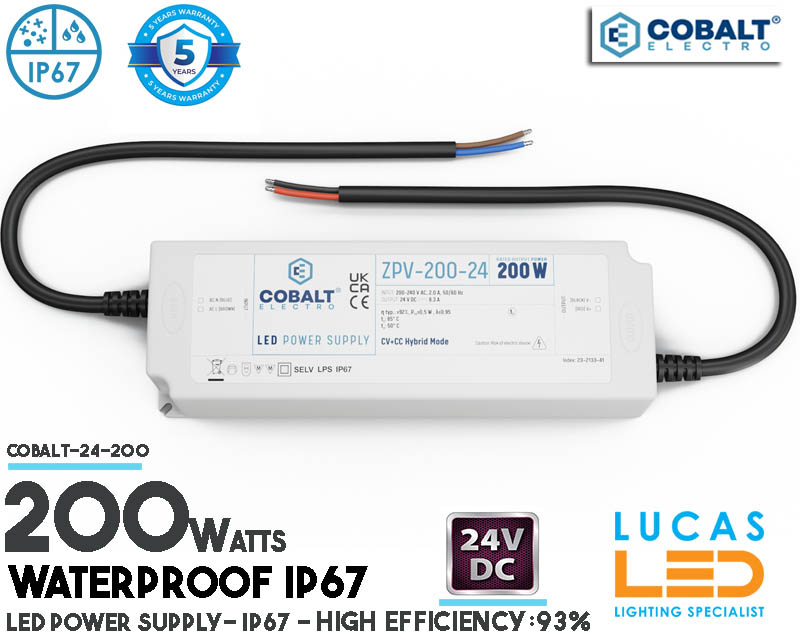 LED Driver Power Supply • 24V • 200 watts • IP67 • Waterproof • Plastic case • High Quality • 5y Warranty • short-circuit-overcurrent-overvoltage- thermal •