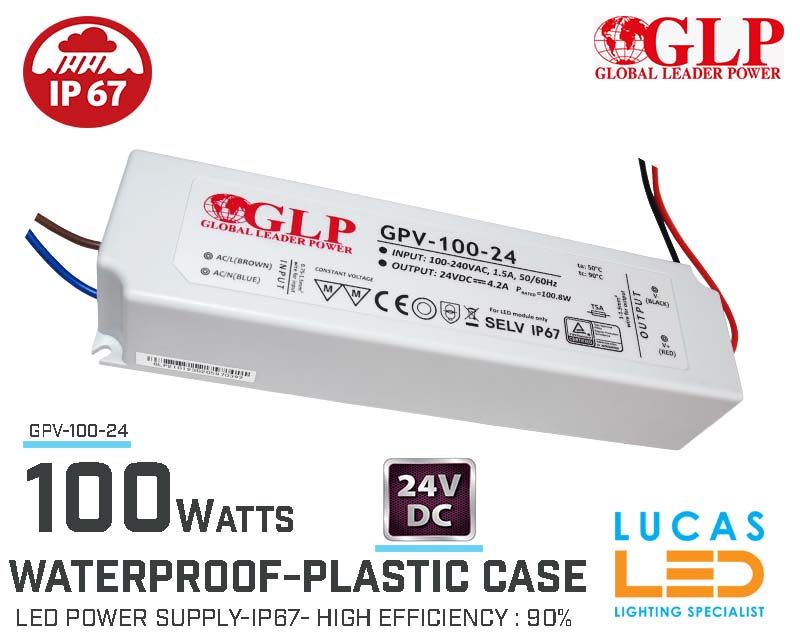 LED Driver Power Supply • 24V • 100 watts • IP67 • Waterproof • Plastic case • High Quality • GLP-GPV • non-PFC •