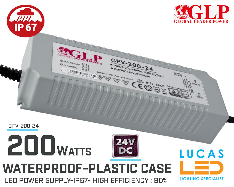 LED Driver Power Supply • 24V • 200 watts • IP67 • Waterproof • Plastic case • High Quality • GLP-GPV • non-PFC •