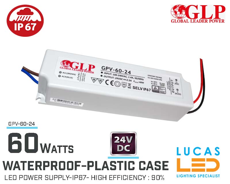 LED Driver Power Supply • 24V • 60 watts • IP67 • Waterproof • Plastic case • High Quality • GLP-GPV • non-PFC •
