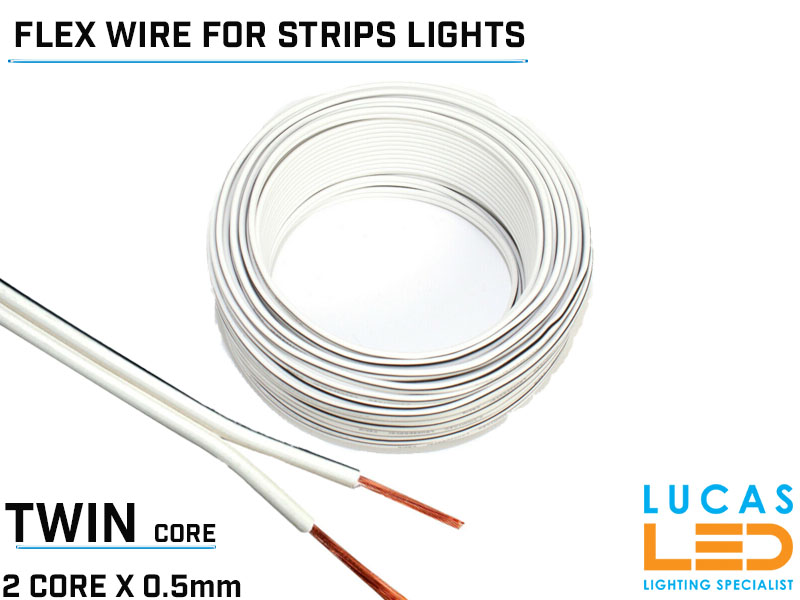 LED Power cable • Single • Flexible • 2 core x 0.5mm • 20 AWG • 80° • 300V • VW-1 • 100m/reel • Price per 1 meter