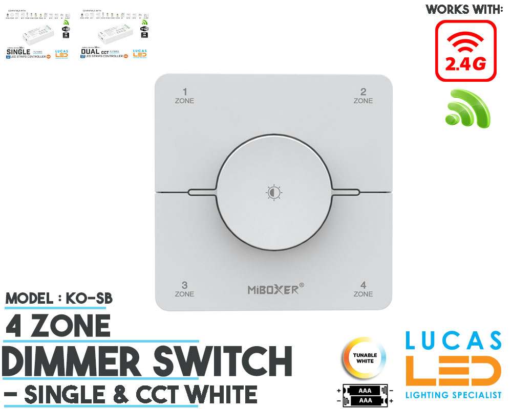 LED Rotary Panel Switch • CCT & Single LED Strip • Dimmer • MiBoxer • 4 zone • 2.4G • Wireless • Smart Lighting System • K0SW • White edition