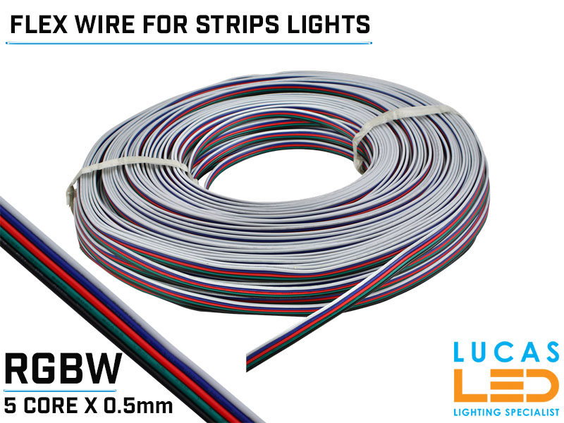 LED Power cable • RGBW • Flexible • 5 core x 0.5mm • 20 AWG • 80° • 300V • VW-1 • 100m/reel • Price per 1 meter