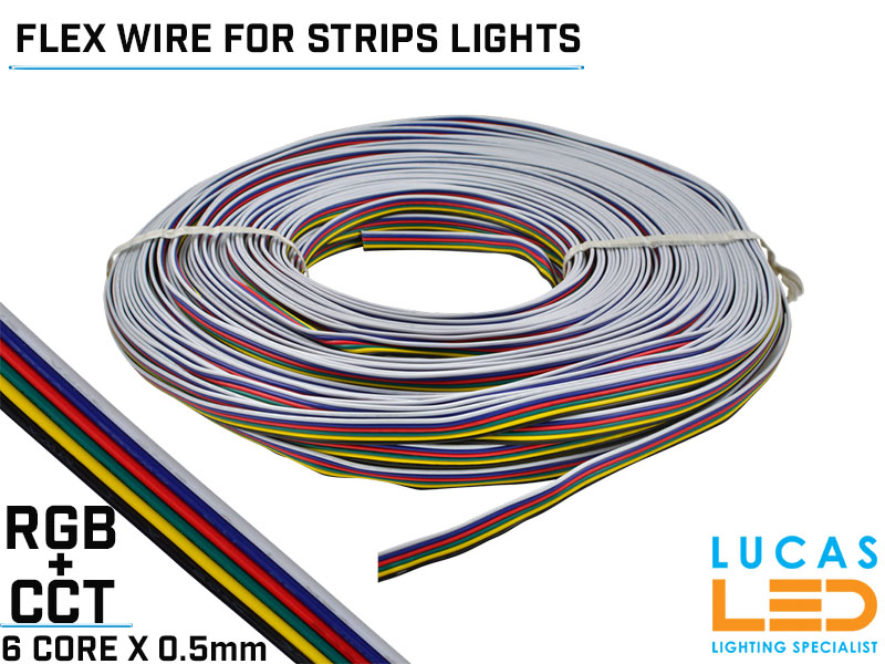 LED Power cable • RGB+CCT • Flexible • 6 core x 0.5mm • 20 AWG • 80° • 300V • VW-1 • 100m/reel • Price per 1 meter