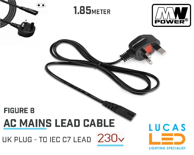UK PLUG Mains • AC lead power cable 230V • 1.85m • Figure 8 • UK Plug -  2 pin-C7 connector IEC  • Universal • 