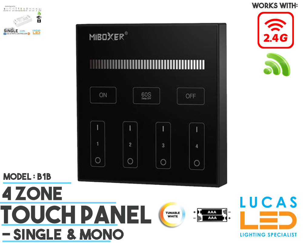 LED Touch Panel Switch • Mono • MiBoxer • 4 zone • 2.4G • Wireless • Compatible • Smart Lighting System • MultiZone • B1B • Black edition