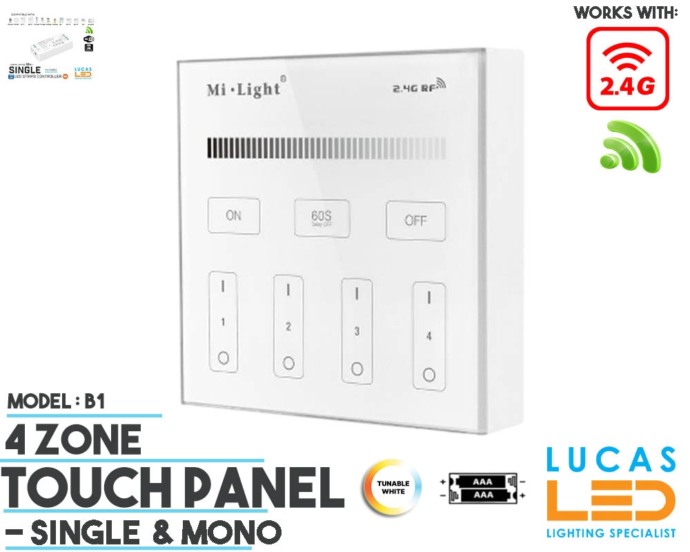 LED Touch Panel Switch • Mono • MiBoxer • 4 zone • 2.4G • Wireless • Compatible • Smart Lighting System • MultiZone • B1 • White edition