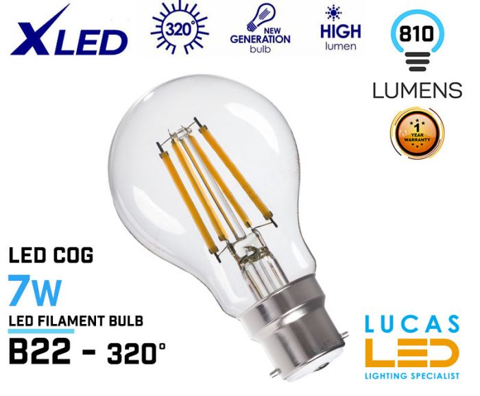 B22 LED Filament Bulb Light- 7W- 2700K- 810lm-  A60 New Led Filament Xled bulb lamp-Warm White
