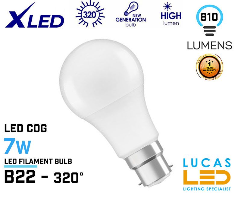 B22 LED Bulb Light- 7W- 810lm- 6500K- New Xled bulb lamp- Milky glass-Cold White