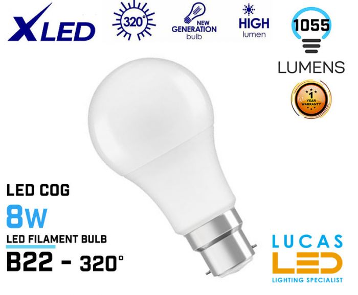 B22 LED Bulb Light- 8W- 6500K-1055lm- New Xled bulb lamp- Milky glass-Cold White
