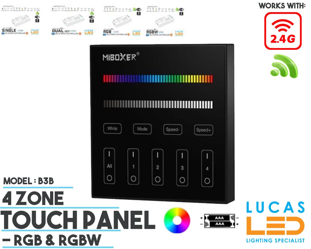 LED Touch Panel Switch • RGBW • MiBoxer • 4 zone • 2.4G • Wireless • Compatible • Smart Lighting System • MultiZone • B3B • Black edition