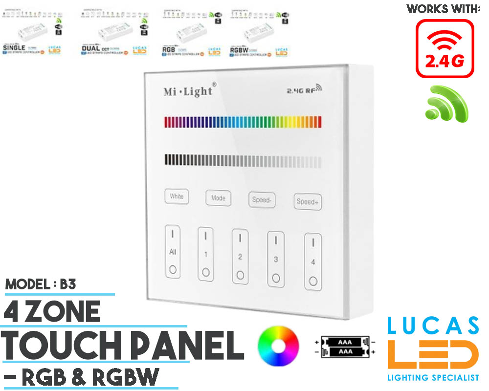 LED Touch Panel Switch • RGB & RGBW • MiBoxer • 4 zone • 2.4G • Wireless • Compatible • Smart Lighting System • MultiZone • B3