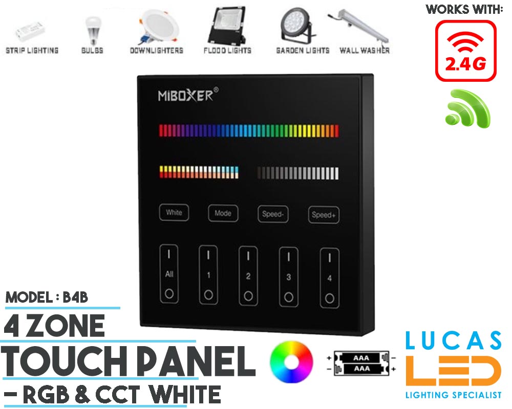 LED Touch Panel Switch • RGB+CCT • MiBoxer • 4 zone • 2.4G • Wireless • Compatible • Smart Lighting System • MultiZone • B4B • Black edition
