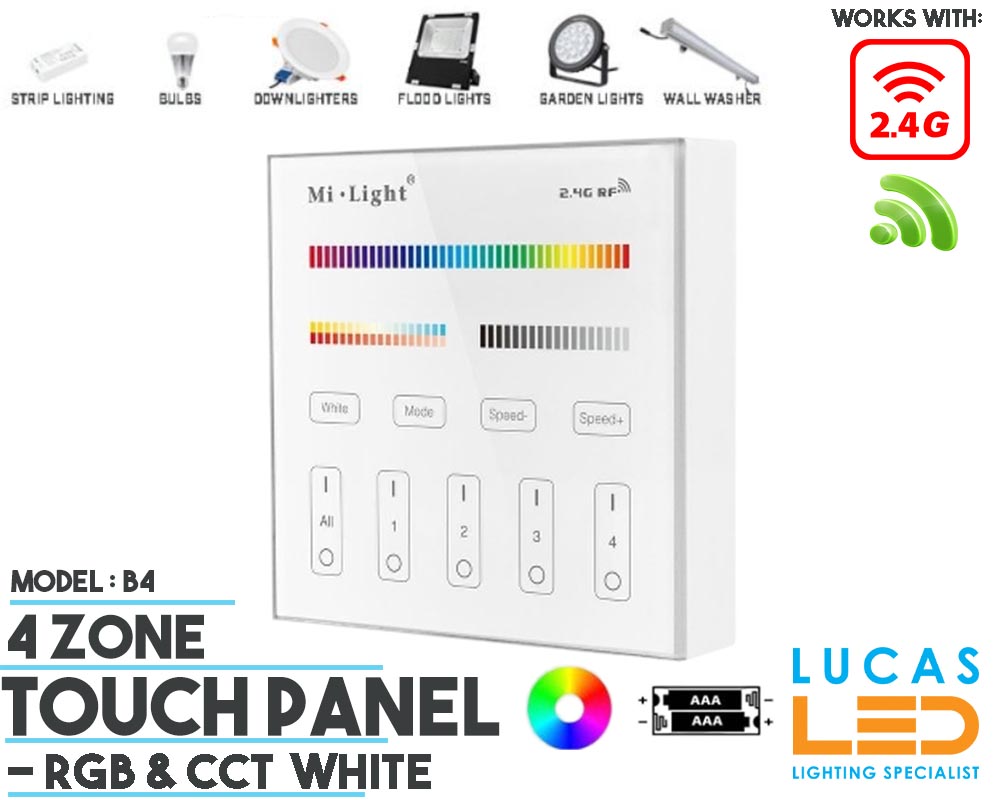 LED Touch Panel Switch • RGB+CCT • MiBoxer • 4 zone • 2.4G • Wireless • Compatible • Smart Lighting System • MultiZone • B4