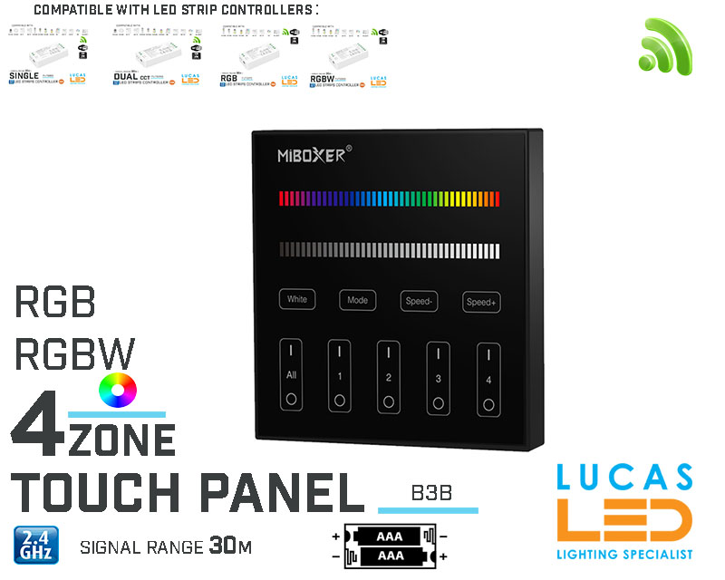 LED Touch Panel Switch • RGBW • MiBoxer • 4 zone • 2.4G • Wireless • Compatible • Smart Lighting System • MultiZone • B3B • Black edition