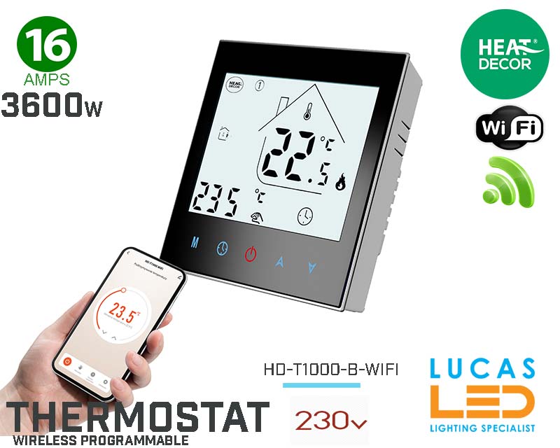 Thermostat WIFI Black • Room Stat • Timer Mode • Programmable • Heating Film & All Apllications • HD-T1000 •  IP20 • 230V • 16A • 3600W