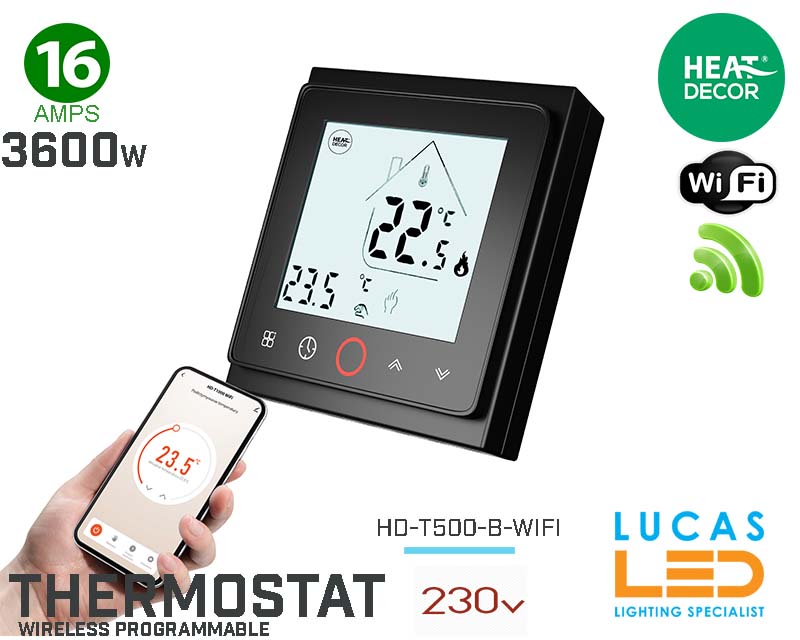 Thermostat WIFI Black • Room Stat • Timer Mode • Programmable • Heating Film & All Apllications • HD-T500 •  IP20 • 230V • 16A • 3600W