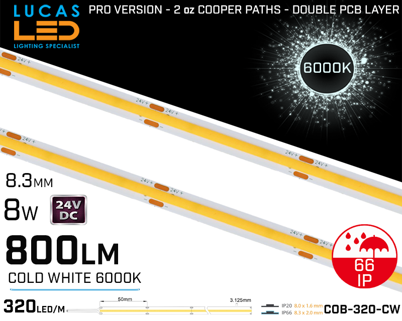 LED Strip COB Cold White • Spotless • 24V • 8W • 6000K • IP66 • 800m • 8.3mm • 2oz Cooper paths PRO Version • Waterproof