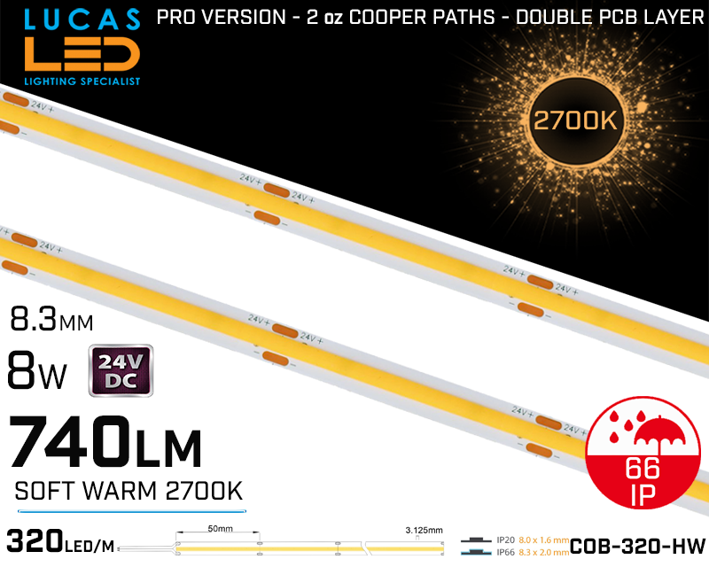 LED Strip COB Soft Warm • Spotless • 24V • 8W • 2700K • IP66 • 740lm • 8.3mm • 2oz Cooper paths PRO Version • Waterproof
