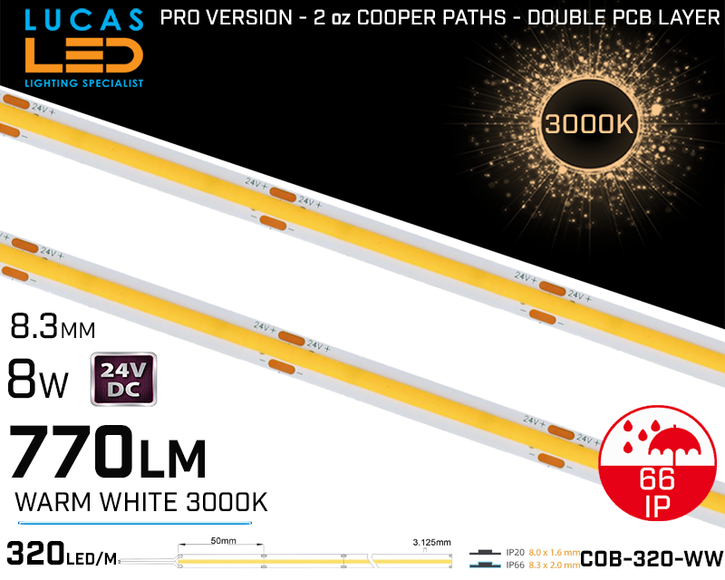 LED Strip COB Warm White • Spotless • 24V • 8W • 3000K • IP66 • 770lm • 8.3mm • 2oz Cooper paths PRO Version • Waterproof