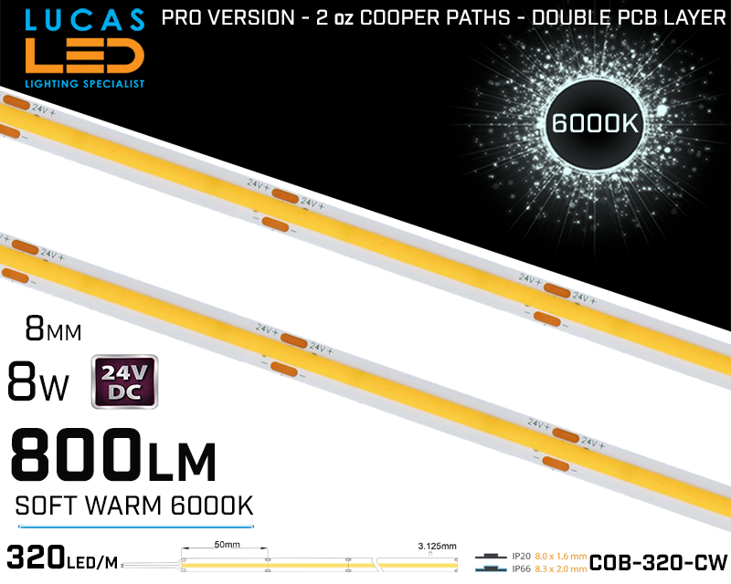 LED Strip COB Cold White • Spotless • 24V • 8W • 6000K • IP20 • 800lm • 8mm • 2oz Cooper paths PRO Version