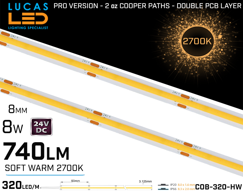 LED Strip COB Soft Warm • Spotless • 24V • 8W • 2700K • IP20 • 740lm • 8mm • 2oz Cooper paths PRO Version