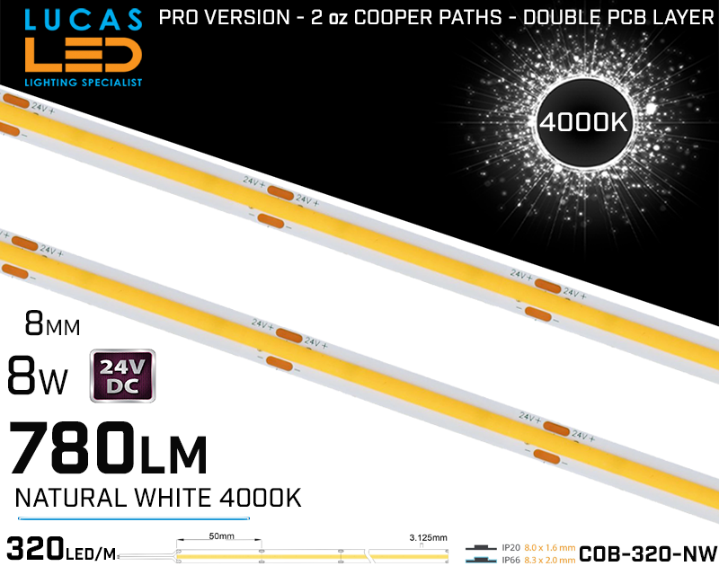 LED Strip COB Natural White • Spotless • 24V • 8W • 4000K • IP20 • 780m • 8mm • 2oz Cooper paths PRO Version