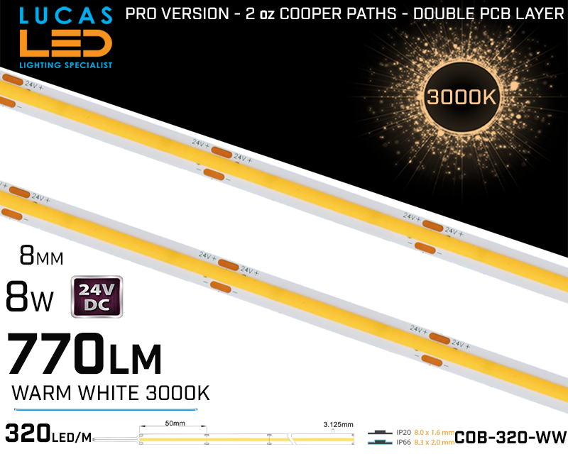 LED Strip COB Warm White • Spotless • 24V • 8W • 3000K • IP20 • 770lm • 8mm • 2oz Cooper paths PRO Version