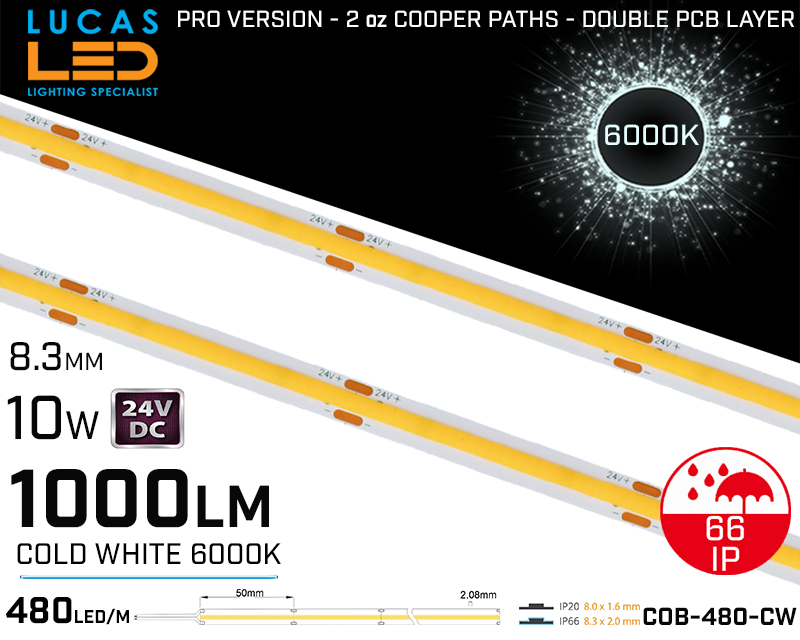 LED Strip COB Cold White • Spotless • 24V • 10W • 6000K • IP66 • 1000lm • 8.3mm • 2oz Cooper paths PRO Version