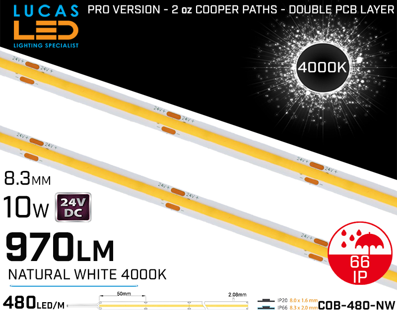 LED Strip COB Natural White • Spotless • 24V • 10W • 4000K • IP66 • 970lm • 8.3mm • 2oz Cooper paths PRO Version