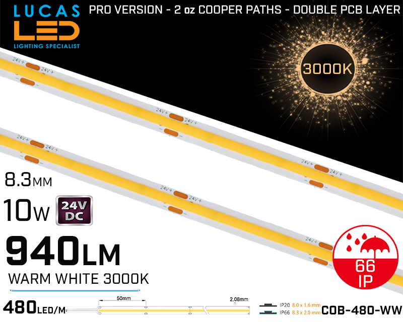 LED Strip COB Warm White • Spotless • 24V • 10W • 3000K • IP66 • 940lm • 8.3mm • 2oz Cooper paths PRO Version
