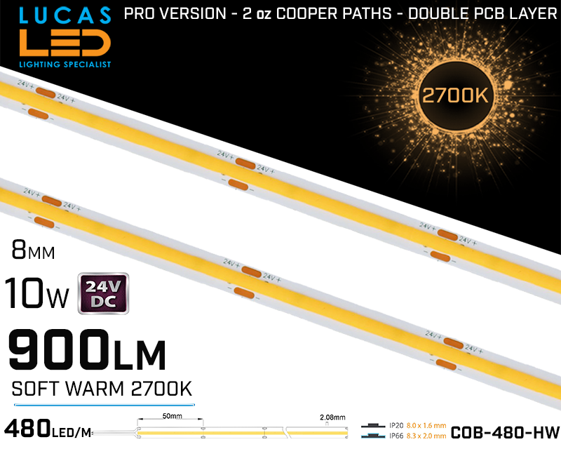 LED Strip COB Soft Warm • Spotless • 24V • 10W • 2700K • IP20 • 900lm • 8mm • 2oz Cooper paths PRO Version