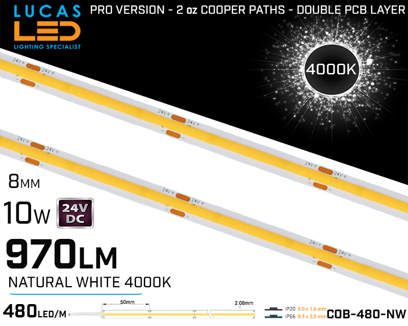 LED Strip COB Natural White • Spotless • 24V • 10W • 4000K • IP20 • 970lm • 8mm • 2oz Cooper paths PRO Version