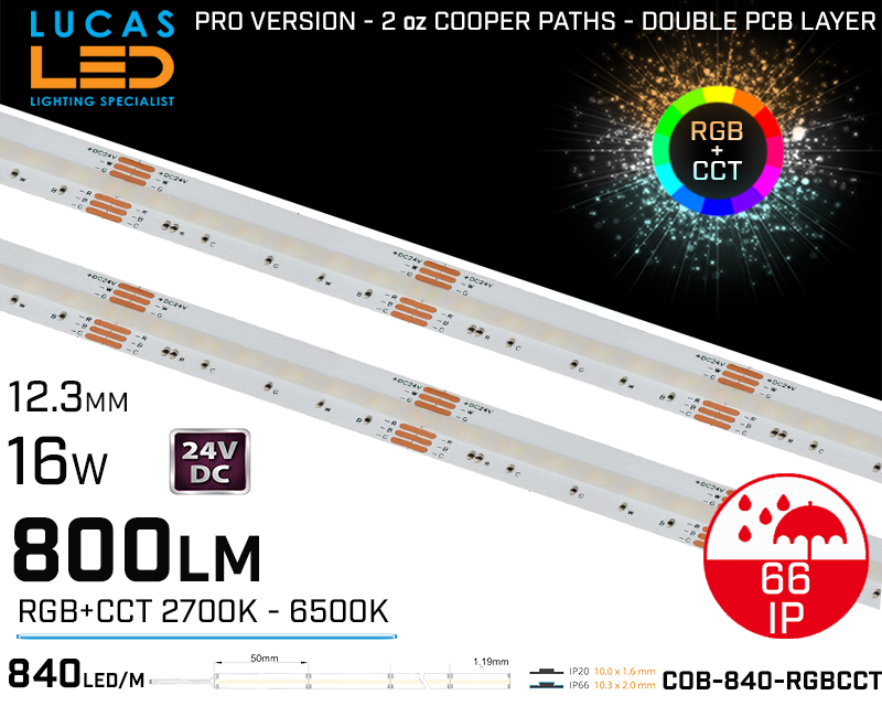 LED Strip RGB CCT •  800lm • 24V • 16W • RGB+CCT • 12.3mm • IP66 • PRO Version 2oz copper paths •