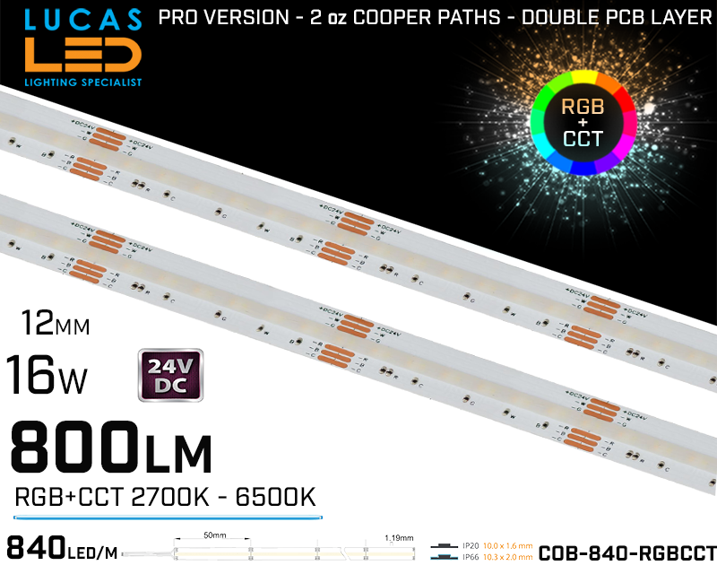 LED Strip RGB CCT •  800lm • 24V • 16W • RGB+CCT • 12mm • IP20 • PRO Version 2oz copper paths •