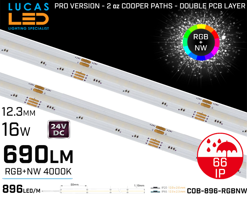 LED Strip COB Natural White • Spotless • 24V • 16W • 4000K • IP66 • 690lm • 12.3mm • 2oz Cooper paths PRO Version