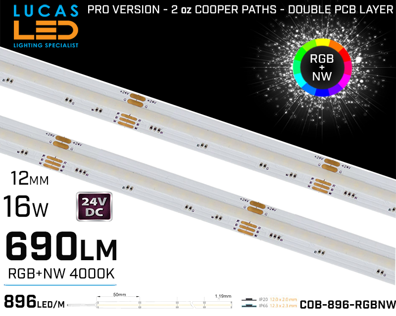 LED Strip COB Natural White • Spotless • 24V • 16W • 4000K • IP20 • 690lm • 12mm • 2oz Cooper paths PRO Version