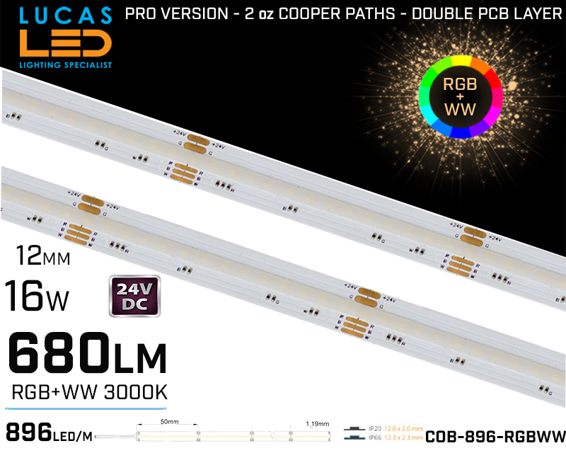 LED Strip COB Warm White • Spotless • 24V • 16W • 3000K • IP20 • 680lm • 12mm • 2oz Cooper paths PRO Version