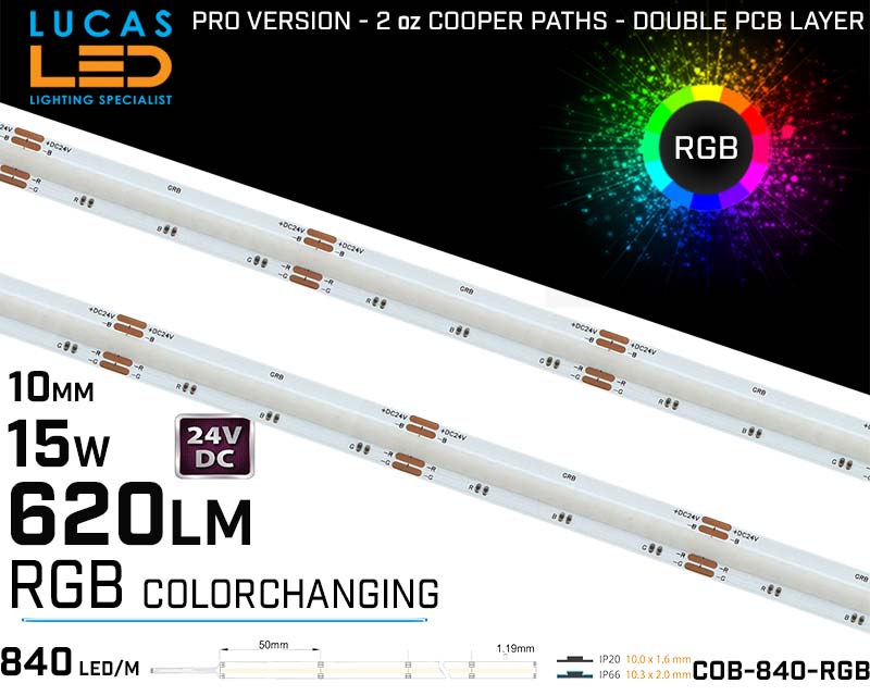 LED Strip COB RGB • Spotless • 24V • 15W • IP20 • 620lm • 10mm • 2oz Cooper paths PRO Version