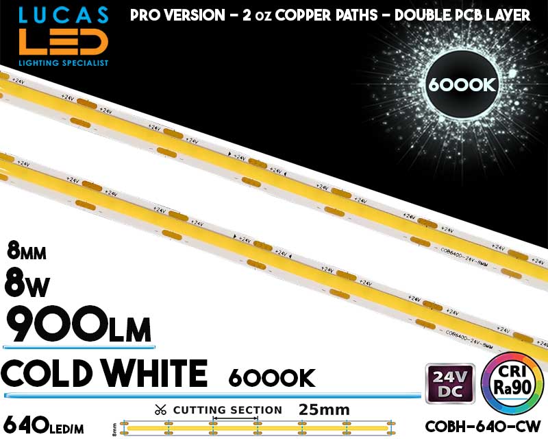 COB LED Strip Cold White 6000K &bull; COBH-640 &bull; Spotless &bull; 640 LEDs/m &bull; 24V &bull; 8W/m &bull; CRI 90 &bull; IP20 &bull; 900lm/m &bull; 8mm &bull; PRO Version