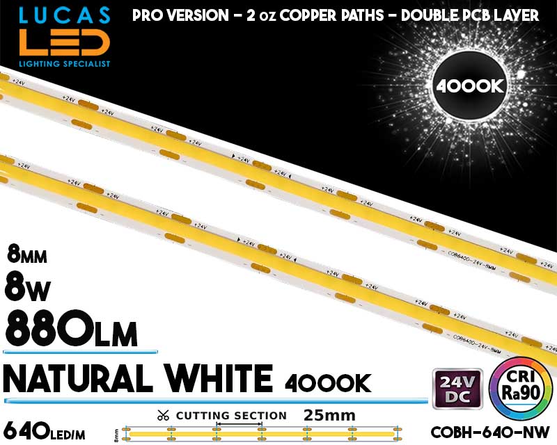 COB LED Strip Natural White 4000K &bull; COBH-640 &bull; Spotless &bull; 640 LEDs/m &bull; 24V &bull; 8W/m &bull; CRI 90 &bull; IP20 &bull; 880lm/m &bull; 8mm &bull; PRO Version