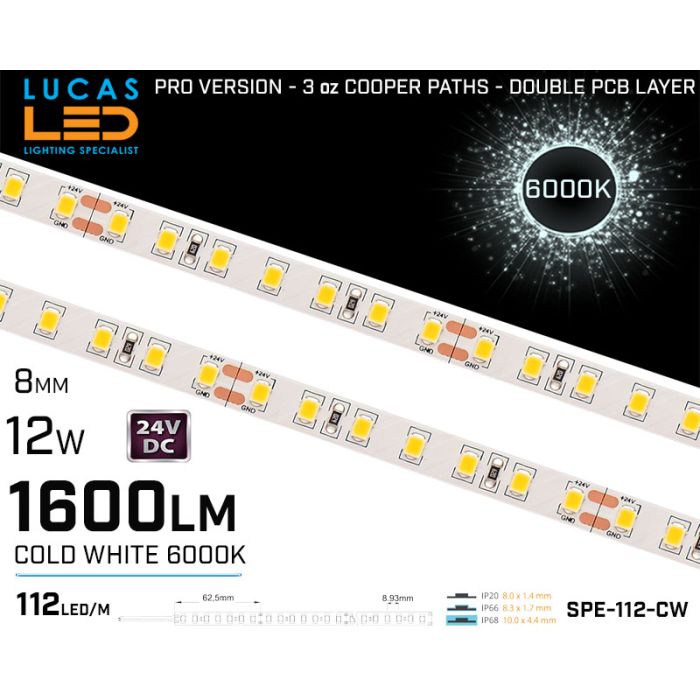 LED Strip Cold White • 24V • 112 LED/m • 12W • 6000K • IP20