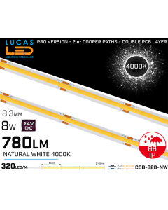 LED Strip COB Natural White • Spotless • 24V • 8W • 4000K • IP66 • 780m • 8.3mm • 2oz Cooper paths PRO Version • Waterproof
