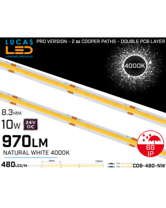 LED Strip COB Natural White • Spotless • 24V • 10W • 4000K • IP66 • 970lm • 8.3mm • 2oz Cooper paths PRO Version