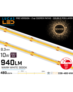 LED Strip COB Warm White • Spotless • 24V • 10W • 3000K • IP66 • 940lm • 8.3mm • 2oz Cooper paths PRO Version