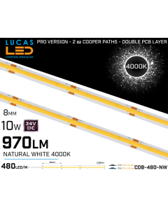 LED Strip COB Natural White • Spotless • 24V • 10W • 4000K • IP20 • 970lm • 8mm • 2oz Cooper paths PRO Version