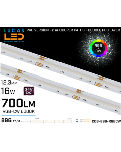LED Strip COB Cold White • Spotless • 24V • 16W • 6000K • IP20 • 700lm • 12mm • 2oz Cooper paths PRO Version